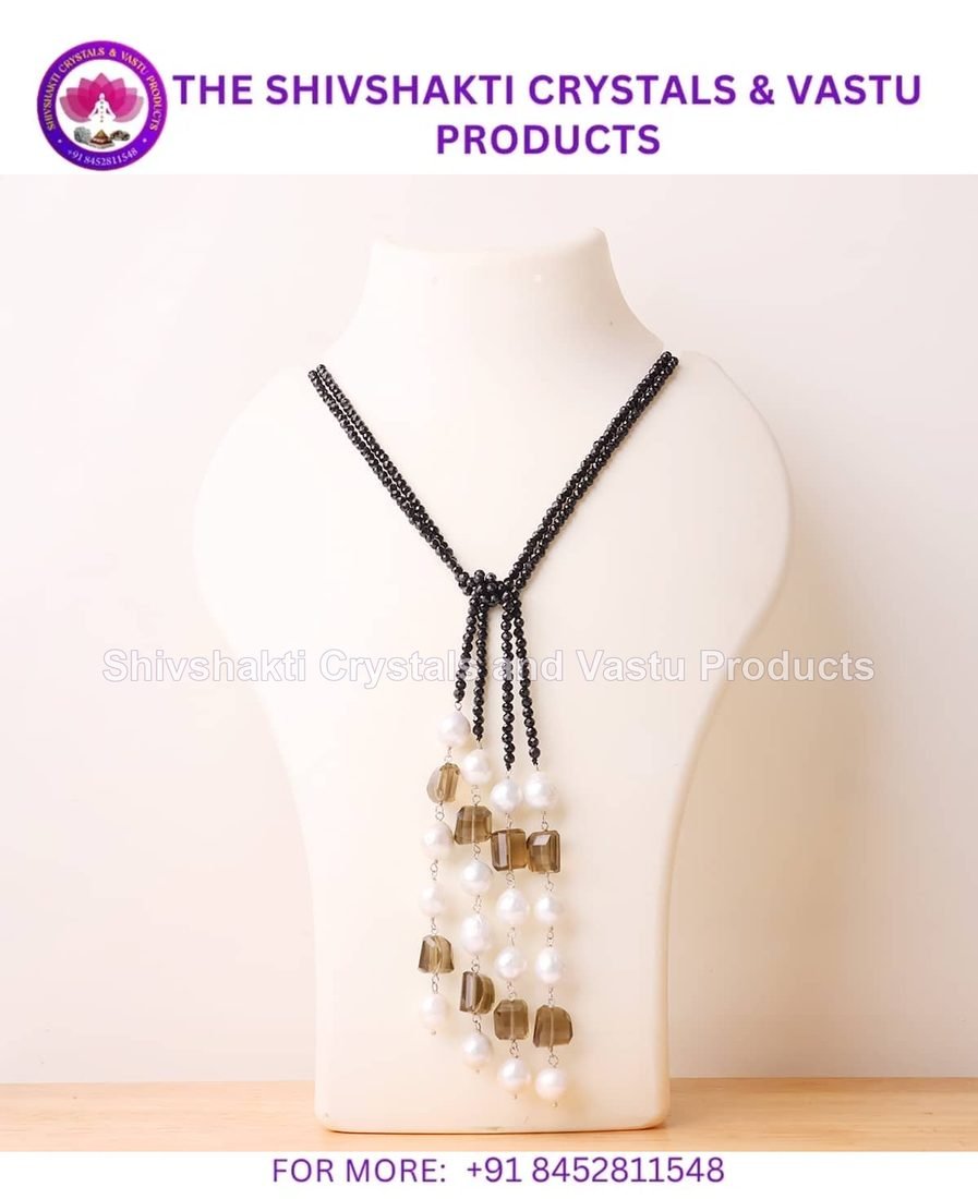 Black Tourmaline and Smokey Quartz With Pearl Silver Long Knotted Necklace