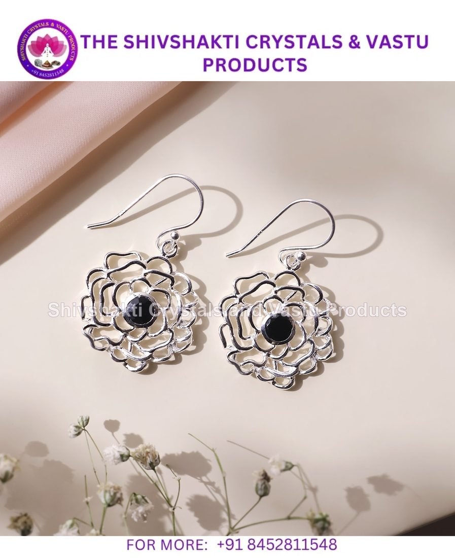Black Tourmaline Flower Design Silver Earring