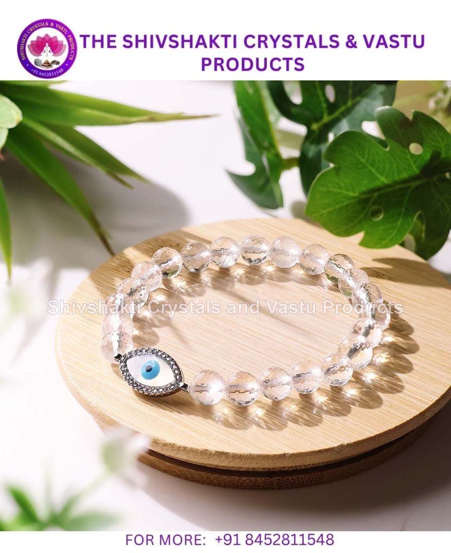 Clear Quartz Faceted Bracelet With Evil Eye Charm