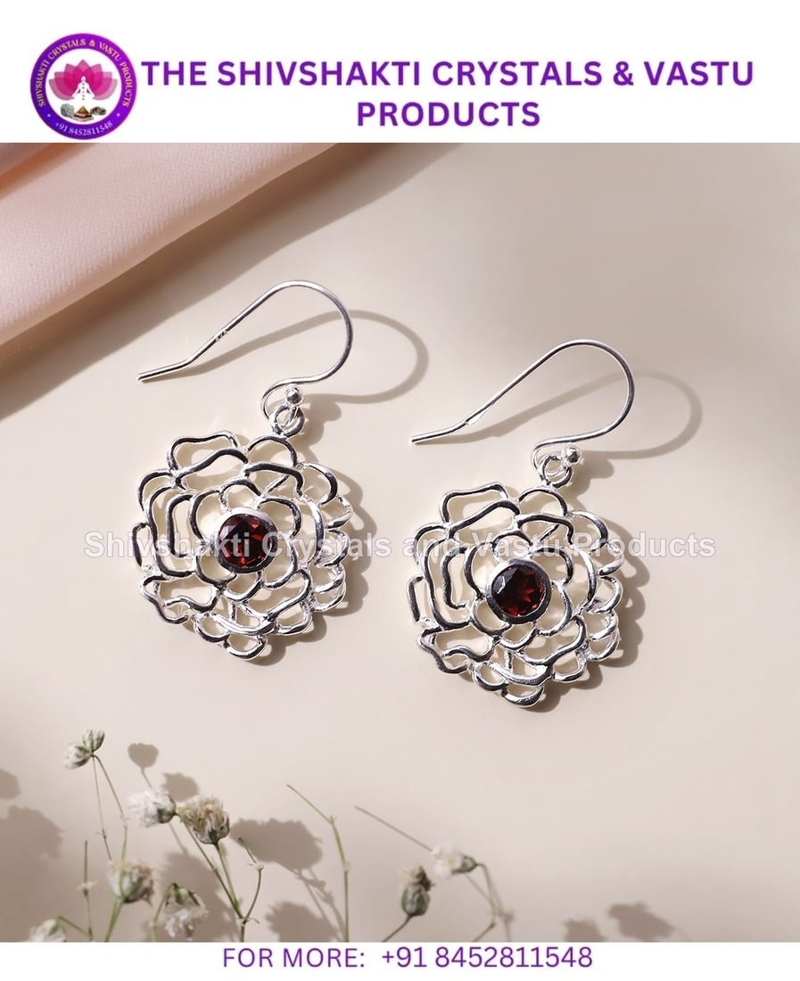 Garnet Flower Design Silver Earring