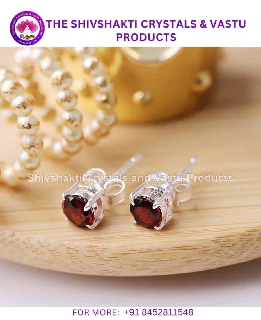 Garnet Round Stud Earrings Silver