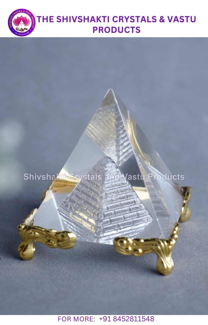 Glass Pyramid With Golden Metal Base Crystal Pyramid