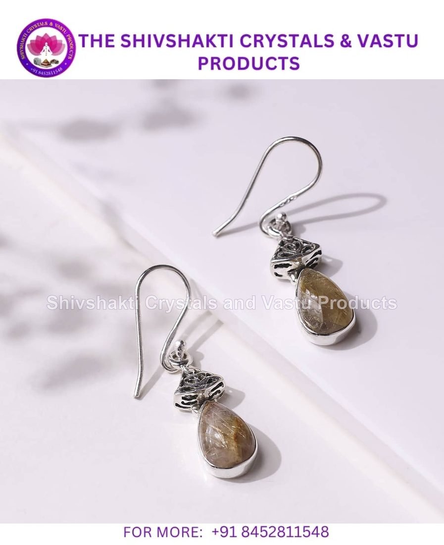 Golden Rutile Silver Drop Hanging Earrings