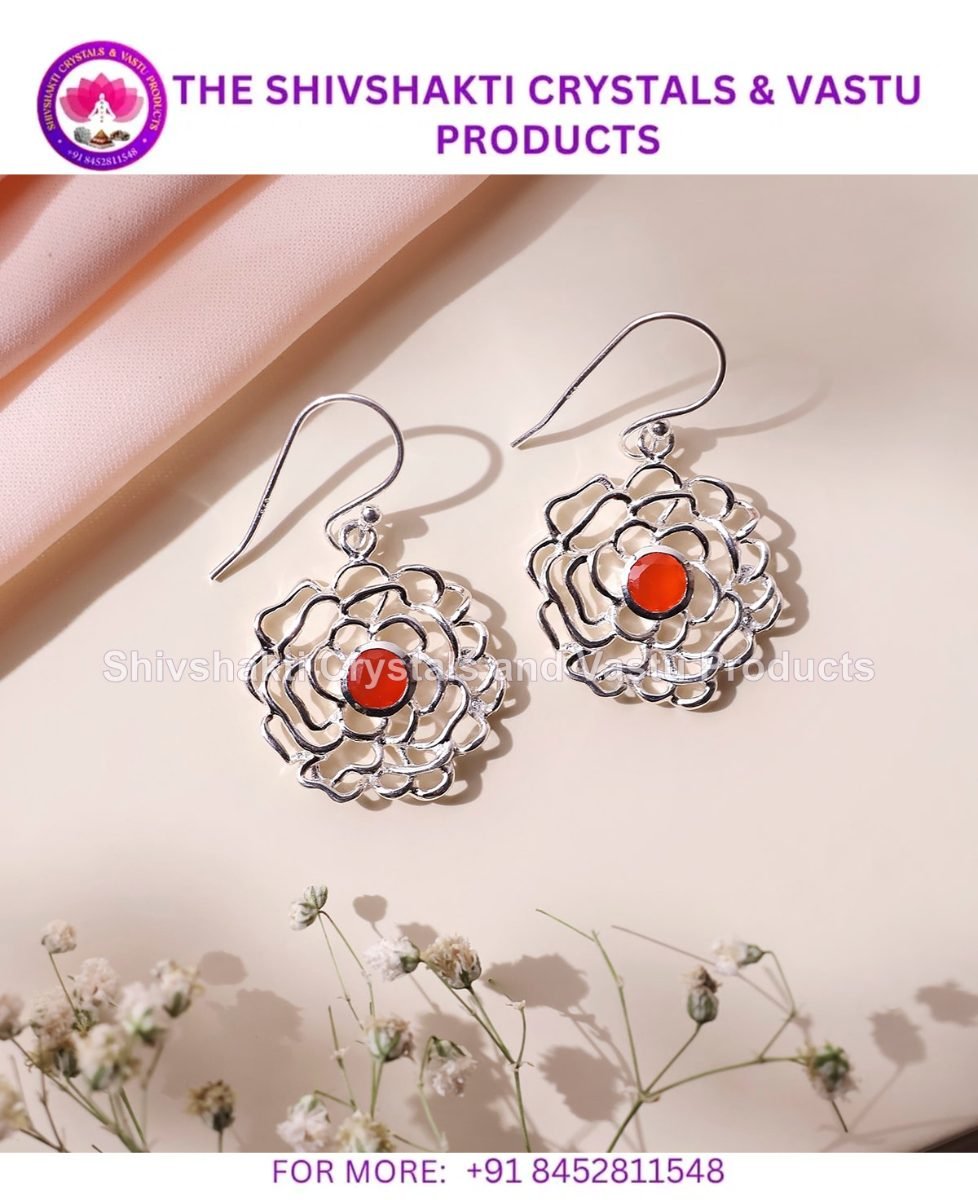 Red Carnelian Flower Design Silver Earring