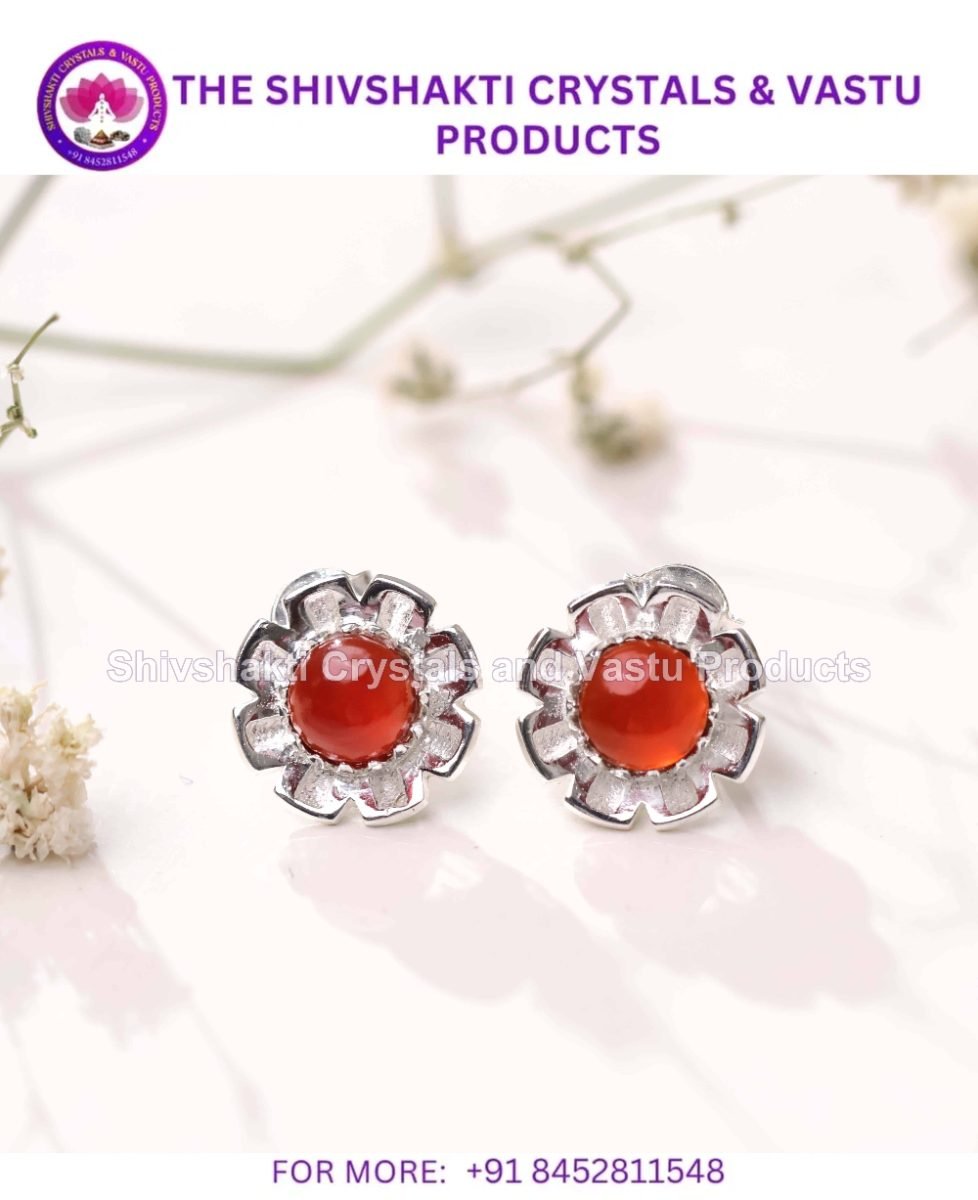 Red Carnelian Flower Stud Earrings Silver