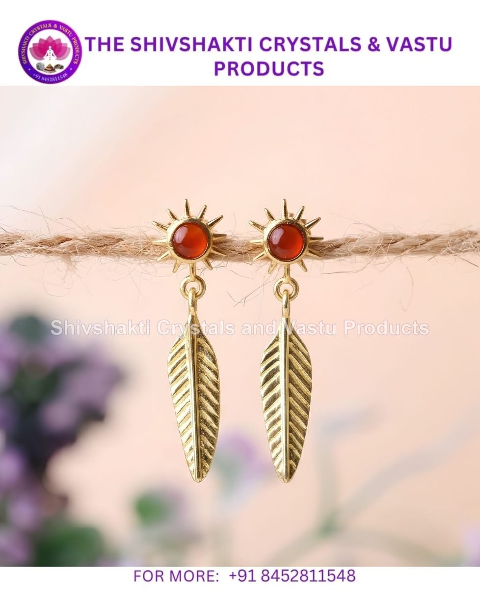 Red Carnelian Leaf Hanging Silver Earring (Gold)