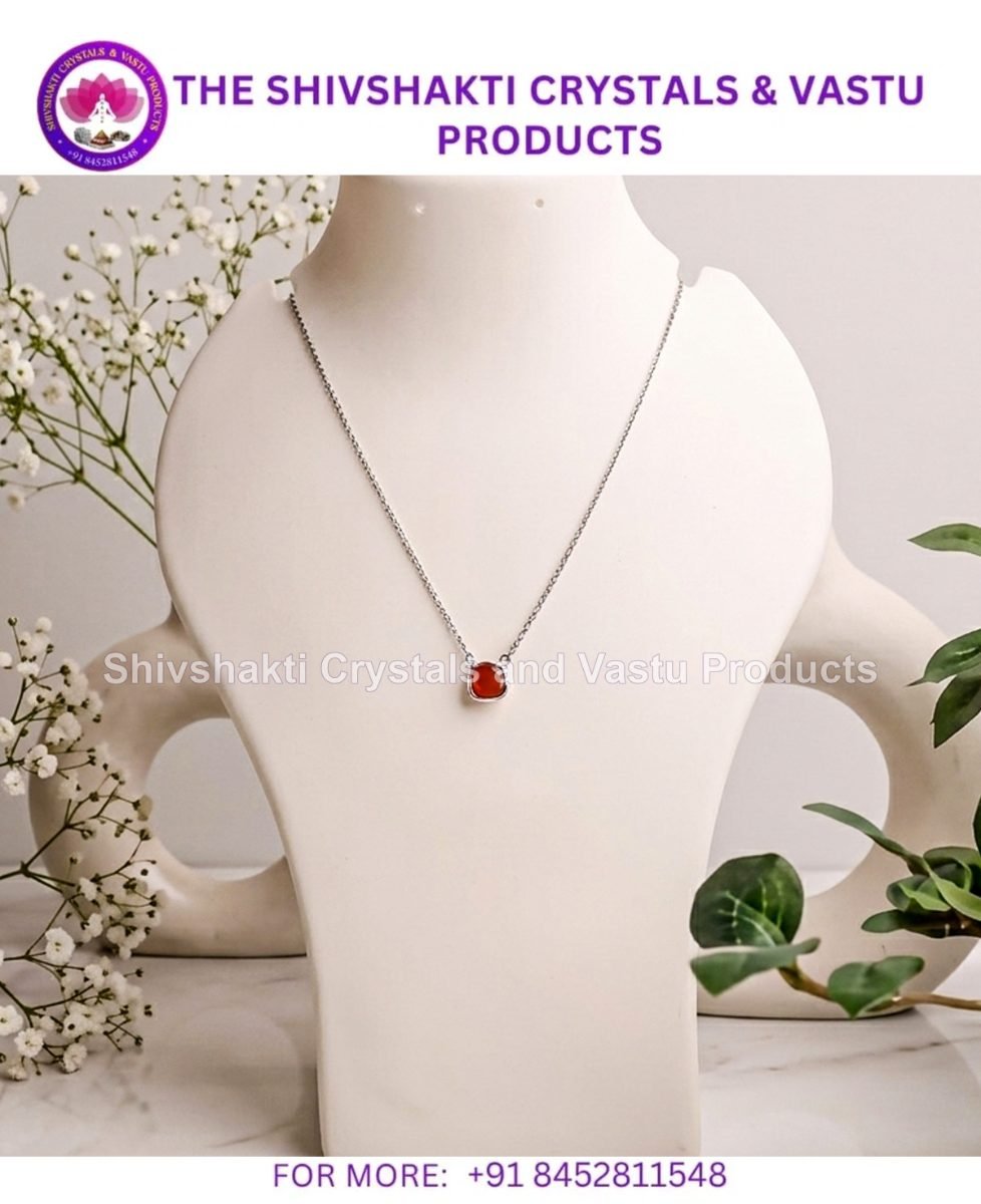 Red Carnelian Square Shape Single Stone Necklace Silver