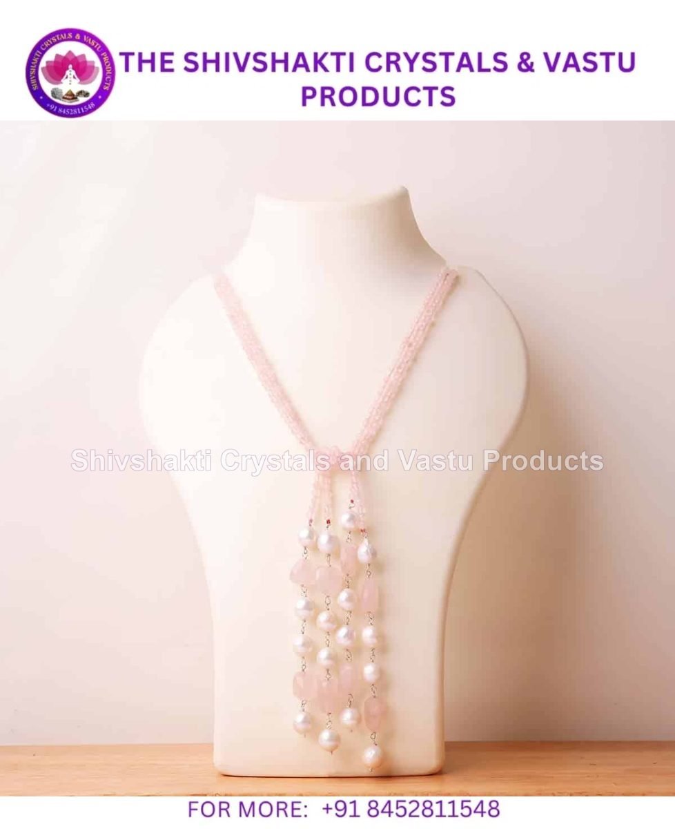 Rose Quartz With Pearl Long Silver Knotted Necklace